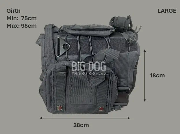 Tactical dog backpack with detachable velcro packs - measurements displayed