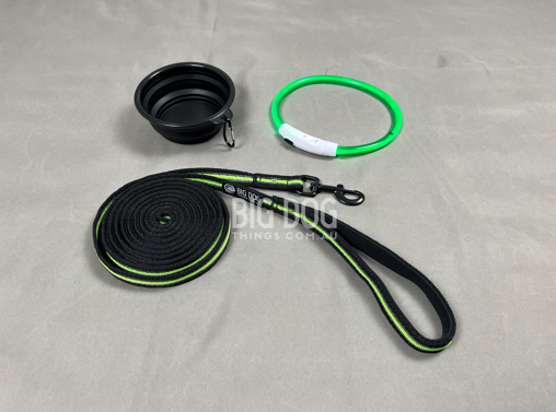 Dog Park Glow Bundle – Long Line, Glow Collar & Travel Bowl BigDogThings.com.au