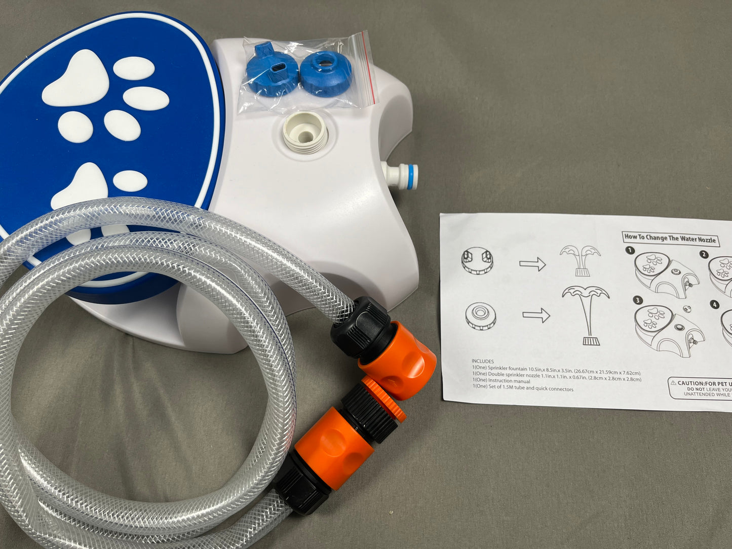 Dog water sprinkler set contents — fountain, double nozzle, 1.5m tube and connectors