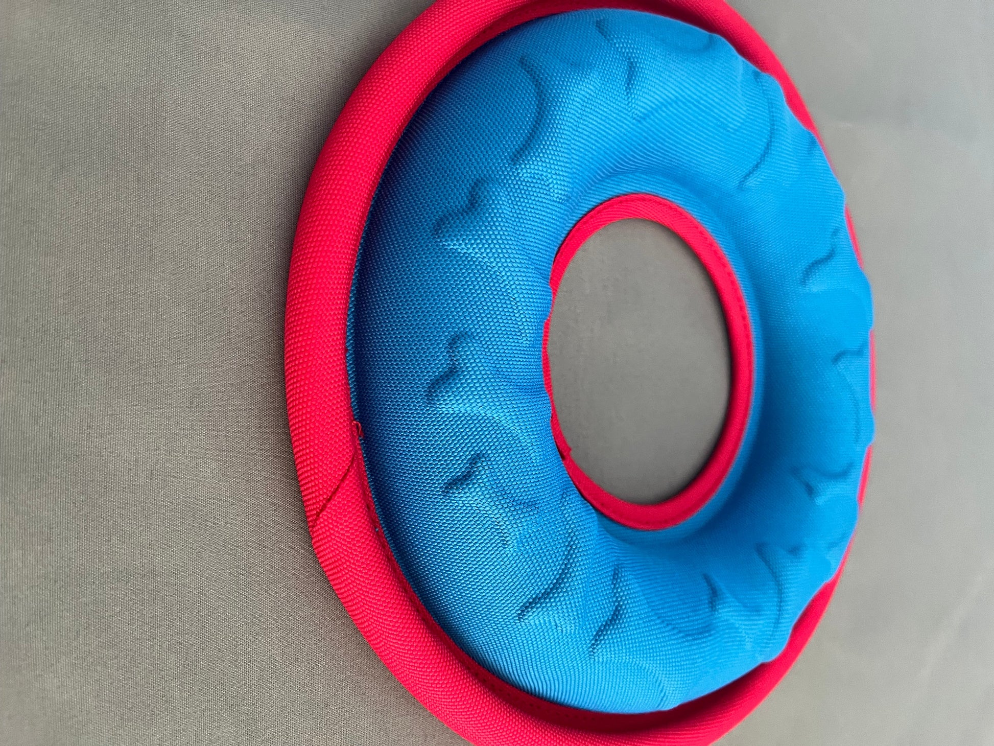 Blue and red frisbee decorated with dog bones, on a gray background